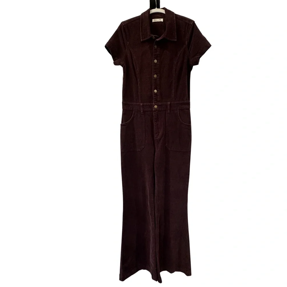 Rolla’s Corduroy Jumpsuit Burgundy 70s Retro Wide Leg Utility Boho Chic - Picture 2 of 12